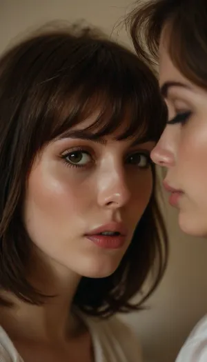 ziprealism, (erotic intimate esthetic:1.2), (enchanting French lesbians, bashful eye contact, bashful pose, lips parted, faces close), (f/2.8, shallow depth of field, layered composition with subtle foreground:1.6), (tight face closeup, eyes closeup, shot in profile, eyes focus:1.2), (subtle bokeh:.4), (rich brunette hair with coppery undertones, thick voluminous hair, cute french bob-cut hair, wispy bangs with fringe, loose hair obscuring face:1.4), ((large expressive eyes), slightly downturned eyes), (soft facial features, full lips, soft pillowy lips, long delicate eyelashes, soft blush, subtle freckles, natural skin texture), (large teardrop breasts, soft breasts), (romantic bedroom:1.8), <lora:style_lora_realis:1.6>