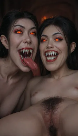 two 38 year old nude MILF vampire women's, (Asian:2), medieval, (glowing red eyes:1.4), black eyeshadow, mean face, closed mouth, one with black hair with rainbow hair, long straight hair, red lipstick, vampire, (vampire teeth:1.9), in a dark graveyard, bound in chains, pale skin, pale, skin, Subspecies, style, Perfect, (long Fangs:1.5), fangs, sharp, teeth, fang, black, sclera, eyes, (licking hairy pussy:1.9), <lora:Pale_Skin_SDXL_v1.0:.8>, <lora:Subspecies style:.8>, <lora:Unfazed vampire - XL SDXL V1.0:.8>, <lora:black sclera:.8>