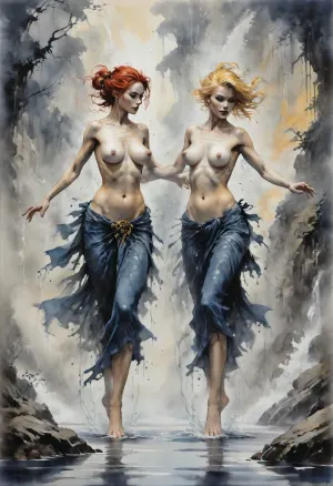 Dungeons&Dragons style, two gorgeous lascious old women dancing a hot waterdance in a large open pound, 30yo, old, redhead and blonde, nude, Frank Frazetta, Yoji Shinkawa, Luis Royo, fog waterfall background, dark blue and yellow palette, Ink, ink lines crosshatching, <lora:InkWashpainting:.8>