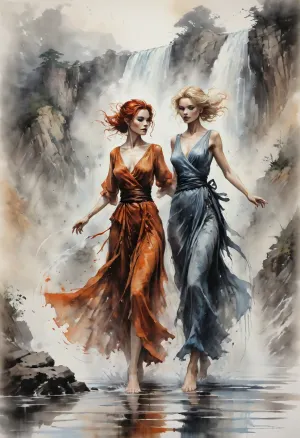 Dungeons&Dragons style, two gorgeous lascious old women dancing a hot waterdance in a large open pound, 30yo, old, redhead and blonde, silk long dress, Frank Frazetta, Yoji Shinkawa, Luis Royo, fog waterfall background, vivid colors, Ink, ink lines crosshatching, <lora:InkWashpainting:.8>