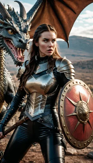 girl in tight latex with an axe and a shield fighting a dragon., <lora:aka-000002:.8>, VALHERO, <lora:Heroes_of_Valhalla_SDXL:.8>, Unfazed, dragon, <lora:Unfazed_dragon_-_XL SDXL:.8>, <lora:BREIZHCASTLE-XL-MK8:.8>