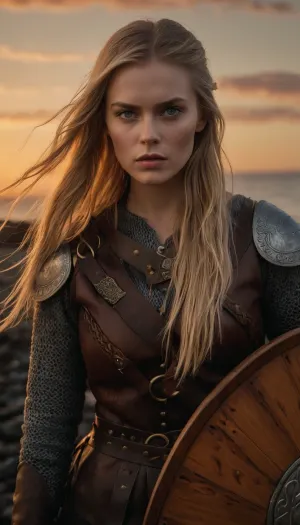 Beautiful young female Viking warrior, standing on a windswept Nordic shoreline at dawn, long braided blonde hair with loose strands in the wind, fierce blue eyes, wearing fur-trimmed leather and chainmail armor with Norse runes engraved, holding a round wooden shield and a bloodied axe, dirt and battle scars on her face, behind her a longship with carved dragon prow, cinematic lighting, ultra-realistic detail