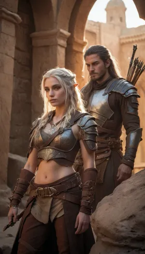 tall and lean male high elf rogue-fighter with sun-bleached hair and piercing ice-blue eyes, and a cunning female elf rogue with sun-kissed skin, copper-streaked dark hair, and sharp amber eyes, both clad in lightweight leather armor in muted desert tones. They move in perfect unspoken coordination through the shadows of a sandstone alley, Elandros with a finely crafted longbow and black-fletched arrows, the rogue with a curved Kathiri dagger in hand. Dust swirls in the hot evening wind as golden light spills across the domes and minarets of the bustling market district behind them, the air thick with spice and tension, ultra-realistic cinematic fantasy art