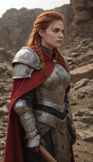 Battle-hardened dwarf princess warrior, compact and powerful, braided auburn hair streaked with soot and ash, a small golden crown dented from battle resting above her brow, fierce emerald eyes framed by dirt and sweat, ornate gold-inlaid plate armor scratched and scarred, crimson royal cloak torn at the edges, gripping a heavy double-headed war axe still stained from combat, standing amidst the rubble of a breached mountain gate lit by flickering forge light, her stance unyielding, cinematic ultra-realistic fantasy art