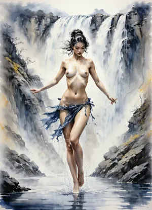 Dungeons&Dragons style, one gorgeous lascious woman dancing a hot waterdance in a large open pound, bare chested, nude, Yoji Shinkawa, Luis Royo, fog waterfall background, dark blue and yellow and light pink palette, Ink, ink lines crosshatching, <lora:InkWashpainting:.8>, flat, chested, <lora:flat_chested_v3.5:.8>
