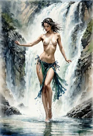 Dungeons&Dragons style, one gorgeous lascious woman dancing a hot waterdance in a large open pound, bare chested, nude, Yoji Shinkawa, Luis Royo, fog waterfall background, dark blue and green and light pink palette, Ink, ink lines crosshatching, <lora:InkWashpainting:.8>, flat, chested, <lora:flat_chested_v3.5:.8>