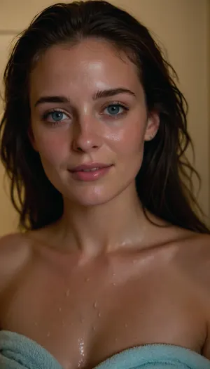 Medium-quality phone photo, Snapchat style, front-facing upper body shot of a 25-year-old woman in a small steamy bathroom just after a hot shower. Her wet hair clings to her neck and chest, droplets sliding down her smooth, flushed skin. The towel is loosely wrapped around her torso, slipping low enough to reveal the upper curve of her bare breasts and a teasing glimpse of her nipples. She tilts her head to one side with a shy, slightly embarrassed smile, bright light-blue eyes looking toward the camera. Steam softens the background, warm lighting catches the sheen of her damp skin, and the mood feels intimate, candid, and unposed.