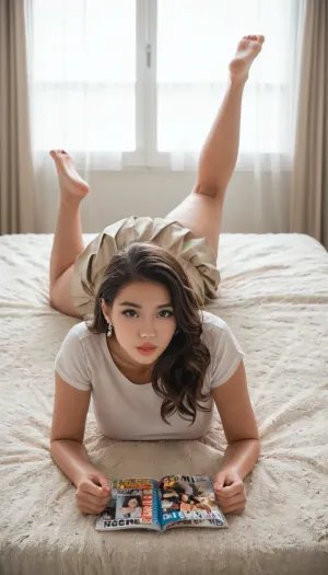 full body female model, voluptuous figure, enhanced breasts and hips, plump lips, straight brunette hair, wearing beige loose school skirt and tight white t-shirt with wide neckline, lying on stomach in frog pose, legs stretched back, facing the camera, cozy bedroom, soft beige tones, warm lighting, highly detailed, realistic textures, cinematic atmosphere, <lora:add-detail-xl:.8>, Maxim, Magazine, Korea, <lora:maxim_magazine_korea_v1:.8>