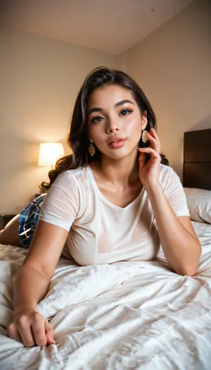 full body female model, voluptuous figure, enhanced breasts and hips, plump lips, straight brunette hair, wearing beige loose school skirt and tight white t-shirt with wide neckline, lying on stomach in frog pose, legs stretched back, facing the camera, cozy bedroom, soft beige tones, warm lighting, highly detailed, realistic textures, cinematic atmosphere, <lora:add-detail-xl:.8>, <lora:maxim_magazine_korea_v1:.8>