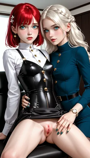 Two women, Two beauties in a 69 position, one woman is a beautiful 30 year old, she has a pretty face, long red hair, green eyes, an athletic body, very sexy, (tight pussy:1.5), (cute pussy:1.5), ((small pussy)), ((tight medium ass)), medium firm breasts, very shy, Katya is naked in a skirt and without panties, the second girl is a beautiful 20 year old women, long white hair, blue eyes, she is already experienced and very concerned, They are at the office, lesbian sex, General plan.