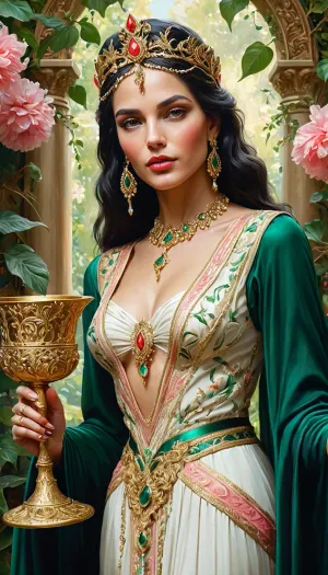 8k, RGB, HDR, oil paints, watercolors, bright saturated colors, Majestic portrait, Queen Semiramis three-quarter view, regal, serene yet wise. Emerald silk gown, (gold embroidery), jeweled diadem, holding golden goblet, hand on flowering vine in opulent hanging gardens, (hagging gardens vista), . Mixed media collage., beautiful face. Calligraphy, gouache wash, pen sketch, thin lines, vintage illustration style. Black, white, coral pink, red, blonde hair, beautiful patterns, ral-melting, <lora:ral-melting-sdxl:.5>