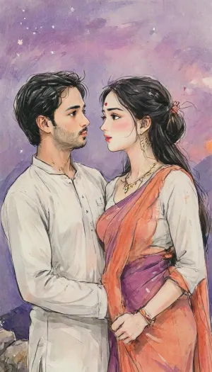 A romantic hand-drawn illustration of an Indian couple on a hilltop, inspired by the cinematic style of the anime Your Name. Detailed sketch style with soft muted colors, expressive pencil and watercolor textures, fine line art, and intricate shading., (Female), The woman wears a traditional saree with blouse, bangles, earrings, and necklace, elegant and graceful, her saree and long hair flowing gently in the breeze., (Male), The man wears a white kurta, looking tenderly at her, his kurta fabric also moving in the wind. They stand close together, holding hands, facing each other in an intimate, emotional moment. Low-angle perspective, expansive twilight sky glowing behind them, streaks of warm orange and purple, with stars twinkling faintly in the background. Cinematic and atmospheric composition, romantic, poetic, artistic, gufeng influence, ink and wash textures, Saree, Indian, ac_neg1, <lora:transparent-saree:.8>, <lora:XLSarees1:.8>, <lora:gufeng_ink_wash_xl_v2:1>, <lora:Eldritch_SketchDraw:1>