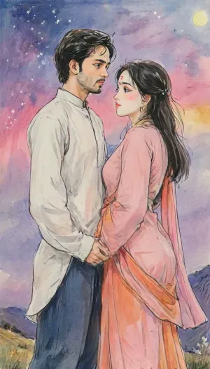 A romantic hand-drawn illustration of an Indian couple on a hilltop, inspired by the cinematic style of the anime Your Name. Wide shot, not close-up, showing the couple from a slight distance with more of the surrounding hilltop and vast sky in frame. Detailed sketch style with soft muted colors, expressive pencil and watercolor textures, fine line art, and intricate shading., (Female), The woman wears a traditional saree with blouse, bangles, earrings, and necklace, elegant and graceful, her saree and long hair flowing in the breeze., (Male), The man wears a white kurta, looking tenderly at her, his kurta fabric also moving in the wind. They stand close together, holding hands, facing each other in an intimate, emotional moment. Low-angle perspective, expansive twilight sky glowing behind them, streaks of orange, pink, and purple blending into deep blue, with stars faintly visible in the background. Cinematic and atmospheric composition, romantic, poetic, artistic, gufeng influence, ink and wash textures, Saree, Indian, ac_neg1, <lora:transparent-saree:.8>, <lora:XLSarees1:.8>, <lora:gufeng_ink_wash_xl_v2:1>, <lora:Eldritch_SketchDraw:1>