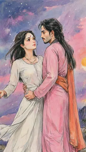 A romantic hand-drawn illustration of an Indian couple on a hilltop, inspired by the cinematic style of the anime Your Name. Wide shot, showing the couple from a slight distance with more of the surrounding hilltop and vast sky in frame. Detailed sketch style with soft muted colors, expressive pencil and watercolor textures, fine line art, and intricate shading., (Female), The woman wears a traditional saree with blouse, bangles, earrings, and necklace, elegant and graceful, her long hair and saree dramatically flowing in the air, lifted by the wind in soft, natural waves., (Male), The man wears a white kurta, looking tenderly at her, his kurta fabric also visibly flowing in the breeze. They stand close together, holding hands, facing each other in an intimate, emotional moment. Low-angle perspective, expansive twilight sky glowing behind them, streaks of orange, pink, and purple blending into deep blue, with stars faintly visible in the background. Cinematic and atmospheric composition, romantic, poetic, artistic, gufeng influence, ink and wash textures, Saree, Indian, ac_neg1, <lora:transparent-saree:.8>, <lora:XLSarees1:.8>, <lora:gufeng_ink_wash_xl_v2:1>, <lora:Eldritch_SketchDraw:1>