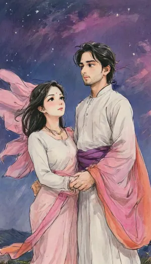 A romantic anime illustration of an Indian couple on a hilltop at twilight, inspired by the iconic scene from Your Name. The framing is vertical, showing the couple in full body with the expansive glowing twilight sky rising above them. The woman wears a traditional saree with blouse, bangles, earrings, and necklace, elegant and graceful, her long hair and saree fabric dramatically swept upward and flowing wildly in the strong wind. The man wears a white kurta, his kurta fabric also caught in the heavy breeze. They stand facing each other, close, almost touching hands, filled with deep emotion. Cinematic low-angle perspective, radiant twilight horizon behind them, streaks of orange, pink, and purple fading into deep blue, stars twinkling in the background sky. Dramatic, atmospheric, poetic, highly detailed anime art with expressive line work, dynamic wind motion, and a magical romantic atmosphere. Cinematic and atmospheric composition, romantic, artistic, gufeng influence, ink and wash textures, Saree, Indian, ac_neg1, <lora:transparent-saree:.8>, <lora:XLSarees1:.8>, <lora:gufeng_ink_wash_xl_v2:1>, <lora:Eldritch_SketchDraw:1>