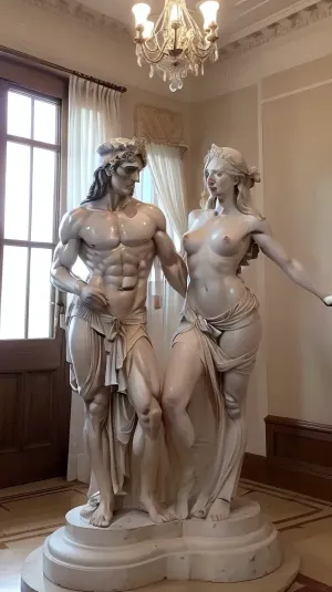 The image shows a marble ancient Greek statue depicting the copulation of an ancient Greek athlete with a naked ancient Greek Greek prostitute-hetaera. The affairs of the hetaera and the athlete are exposed, the smooth shining marble of the naked bodies allows us to appreciate all the details of the muscular figures. The athlete's face is frozen in an expression of animal lust, the face of the hetaera is frozen in an expression of pleasure and passion. The athlete's powerful cock enters the hetaera's vagina, the hetaera's legs wrap around the athlete's waist and grind behind his back. The hetaera is dressed in sandals with straps. In the background, there is luxurious furniture, a wooden stand with a flower arrangement and a chandelier hanging from the ceiling. There are also large green plants and arched doorways that contribute to the elegant atmosphere.