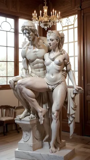 The image shows a marble ancient Greek statue depicting the copulation of an ancient Greek athlete with a naked ancient Greek Greek prostitute-hetaera. The affairs of the hetaera and the athlete are exposed, the smooth shining marble of the naked bodies allows us to appreciate all the details of the muscular figures. The athlete's face is frozen in an expression of animal lust, the face of the hetaera is frozen in an expression of pleasure and passion. The athlete's powerful cock enters the hetaera's vagina, the hetaera's legs wrap around the athlete's waist and grind behind his back. The hetaera is dressed in sandals with straps. In the background, there is luxurious furniture, a wooden stand with a flower arrangement and a chandelier hanging from the ceiling. There are also large green plants and arched doorways that contribute to the elegant atmosphere.