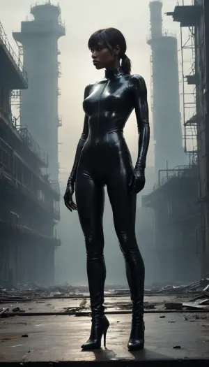 masterpiece, best quality, 8k, (a woman in a glossy black skin-tight suit standing on a damaged metal platform, on the side of a gigantic, endless industrial wall:1.3), athletic physique, (holding a tattered paper map:1.2), (), (below stretch industrial dystopia, abandoned giant chemical plant:1.3), exposed broken pipes, wires, hydraulic mechanisms, steam hissing from ruptures, (dark sky with searchlights:1.2), backlighting, (only her black silhouette is visible against the light:1.5), (vast empty space below, filled with pipes and machinery:1.2), cinematic, dramatic, atmospheric, (style of Blade Runner 2049, concept art by Simon Stålenhag), volumetric light, haze, photorealistic