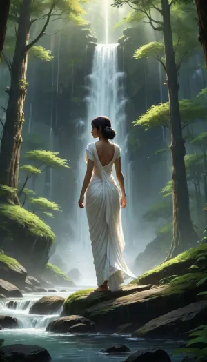 Noah Bradley Style, Beautiful Anime Forest Scenery, a beautiful illustration of indian women wearing white saree standing in centre of the forest, Fantasy Landscape, Volumetric lighting, wallpaper, water, Raking light, Chiaroscuro, Cascading waterfall, rocks, Dreamy, Moody, Studio Ghibli, Ori and the blind forest Emotional, <lora:Noah Bradley Style:1>