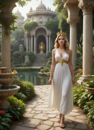 [Hanging Gardens of Semiramis], [Terraced verdant gardens with water cascades and architectural elements, showcasing lush vegetation and ancient structures], [Mix of ancient Sumerian and Persian architectural styles with an abundance of flowers and greenery, with a backdrop of an ancient city with a ziggurat and river], [Digital painting, Detailed illustration inspired by fantasy concept art and ancient civilizations], [Bright daylight with rays of sunlight breaking through the foliage, creating soft shadows and highlighting the richness of colors, Transparent water], [(Wide shot emphasizing the tiered nature of the gardens:1.5), Top view showing details of the landscape and architecture], [Intricate details, Atmospheric, Bright colors, Lush vegetation, ((Sculptures of winged shedu bulls)), , , Decorative tiles, Fountains, Hanging baskets of flowers, Palm trees, Waterfalls, Paved paths with patterns, Statues of lions], (((A young woman in a light white tunic leaving one breast bare, with a golden crown on her head walks along the garden path to the viewer)))