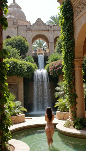 (The Hanging Gardens of Semiramis:1.3), one of the ancient wonders of the world, a breathtaking paradise of lush greenery and vibrant flowers suspended on tiered terraces. Towering stone walls draped in ivy, (exotic trees:1.2), (fragrant vines:1.2), cascading waterfalls shimmering in the sunlight, an oasis above the desert sands. Intricate Mesopotamian architecture, golden carvings, elegant staircases, statues, and arches woven with blossoms., naked curvaceous woman swimming in the pool, (Dreamlike atmosphere:1.1), (majestic:1.2), ancient paradise, timeless beauty, cinematic wide shot, ultra-detailed, (masterpiece:1.3), (best quality:1.3), 8k, dramatic lighting, high detail, highly realistic.