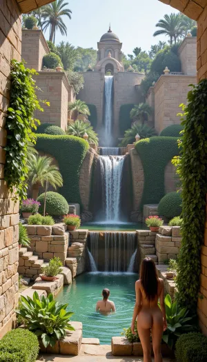 (The Hanging Gardens of Semiramis:1.3), one of the ancient wonders of the world, a breathtaking paradise of lush greenery and vibrant flowers suspended on tiered terraces. Towering stone walls draped in ivy, (exotic trees:1.2), (fragrant vines:1.2), cascading waterfalls shimmering in the sunlight, an oasis above the desert sands. Intricate Mesopotamian architecture, golden carvings, elegant staircases, statues, and arches woven with blossoms., naked curvaceous woman swimming in the pool, (Dreamlike atmosphere:1.1), (majestic:1.2), ancient paradise, timeless beauty, cinematic wide shot, ultra-detailed, (masterpiece:1.3), (best quality:1.3), 8k, dramatic lighting, high detail, highly realistic.