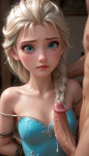 Frozen, elsa, sex, tied up, perky tits, cum, bouncing on cock, biting lip, rope, crying, sad, tears, rape, clothing ripped, naked, <lora:princess_xl_v2:2>