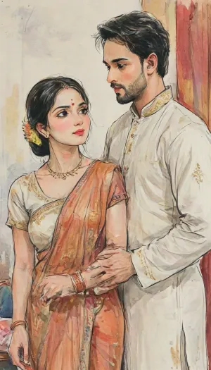 A romantic hand-drawn illustration of a recently married Indian couple standing together. The groom is handsome, tall, and muscular, wearing a crisp white shirt and traditional veshti. The bride is curvy and elegant, wearing a richly detailed traditional Indian wedding saree with vibrant colors and golden embroidery. Her saree is draped in a traditional style, showing a tasteful glimpse of her midriff and neckline. They stand close together, gazing lovingly into each other’s eyes, radiating warmth and joy. The scene is illuminated with soft, warm lighting, capturing intricate details of the saree, groom’s attire, and their expressive faces. Romantic, cinematic, highly detailed, traditional Indian wedding atmosphere, hand-drawn style, soft shadows, dynamic composition, <lora:bridal_saree:.8>, <lora:xl_shuimo-000012:1>, <lora:gufeng_ink_wash_xl_v2:1>, <lora:Eldritch_SketchDraw:1>