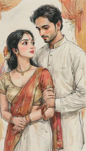 A romantic hand-drawn illustration of a recently married Indian couple standing together. The groom is handsome, tall, and muscular, wearing a crisp white shirt and traditional veshti. The bride is curvy and voluptuous, wearing a traditional Indian bridal saree with vibrant colors and intricate golden embroidery. The saree is draped in a way that tastefully reveals her midriff, (navel visible), and shows her cleavage prominently while fully clothed. They stand close together, gazing lovingly into each other’s eyes, radiating warmth, intimacy, and joy. The scene is illuminated with soft, warm lighting, capturing intricate details of the bride’s saree, jewelry, and the groom’s attire. Romantic, cinematic, highly detailed, traditional Indian wedding atmosphere, hand-drawn style, soft shadows, expressive faces, dynamic composition, <lora:bridal_saree:.8>, <lora:xl_shuimo-000012:1>, <lora:gufeng_ink_wash_xl_v2:1>, <lora:Eldritch_SketchDraw:1>