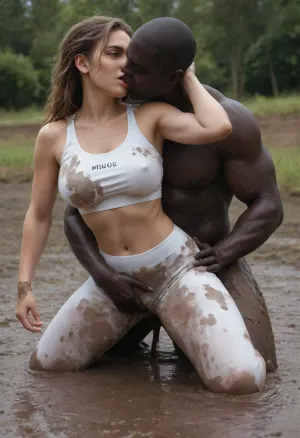 A 18 years old kenyan girl with absolutely black skin with big round breasts fighting and fucking in the mud by a muscular man, (((absolutely black skin girl fucked by a man))), big round ass and flat stomach fighting in the mud with her boyfriend and kissing each other, position missionnary, fingering through leggings. girl is clothed with yoga clothes, ((mud on clothes:2)), ((body soiled by mud:2)), white yoga pants soiled