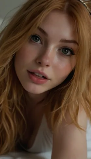 ziprealism, (sensual candid esthetic, stunning cat girl woman, catgirl, soft mischievous smirk, playful eyes:1.8), (f/2.8, shallow depth of field), (closeup shot, lips focus:1.2), (cat ears headband, short ginger-orange hair with blonde highlights, French Bob haircut, long wispy bangs with fringe:1.4), (feline facial features, subtle freckles, short upturned nose, tall filtrum, large expressive eyes, dimples), (loosely falling hair, loose hair obscuring face, loose hair hiding eye:1.8), (full pouting lips, cupids bow, soft pillowed lips, moist glossy lips, natural skin texture, flawless pale skin:1.4), idarkgbaddie, (cozy bed:1.6), <lora:style_lora_realis:.4>, <lora:igbaddie-XL:.4>