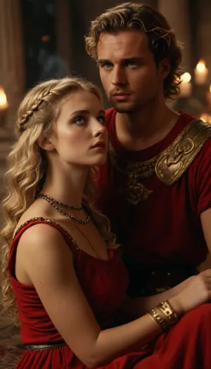 man and woman, man is roman centurion, dominating, (beautiful blonde woman 25 year old, greek slave, unchained, red greek antic tunic, wavy hair, very clear blue eyes, admiration), collar chain, lying on side, temple burning, playing lyre, raw, <lora:Realism_Lora_By_Stable_yogi_SDXL8.1:.8>, fluxenh4nce, <lora:FLUXEnh4nce:.8>, <lora:Complicated Photorealistic Mimic - XL SDXL v1.0:.8>, <lora:MJ52:.8>, <lora:580159_training_data:.8>