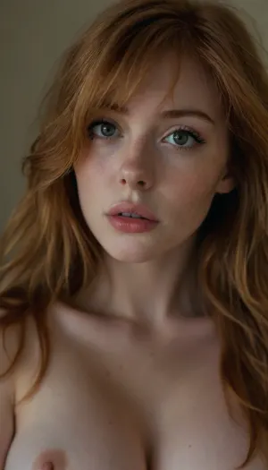 ziprealism, (sensual candid esthetic, adorable 24yo girlfriend, soft mischievous smirk, playful eyes), (f/2.8, shallow depth of field), (medium full shot, eyes focus:1.2), (short ginger-orange hair with blonde highlights, french bob hair cut, long wispy bangs with fringe:1.4), (feline facial features, subtle freckles, large expressive eyes, dimples, long delicate eyelashes), (loosely falling hair, loose hair obscuring face, loose hair hiding eye:1.8), (full pouting lips, cupids bow, soft pillowed lips, moist glossy lips, natural skin texture, flawless pale skin:1.4), idarkgbaddie, (cozy bed), (huge natural breasts, soft breasts, pale nipples:1.6), <lora:style_lora_realis:.4>, <lora:igbaddie-XL:.4>
