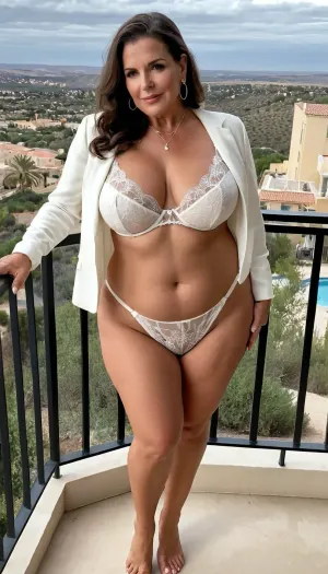 old granny mature, sexy 70 years, dark brunette, medium hair, tan skin, very glamour, big hoop earrings, necklace, wide hip, big culottes, very chubby curvy, thick legs, extreme small tiny boobs, very tiny little tits, at the balcony, selfie, full body view, looking at the camera, sexy naught orgasm face, mules sexy heels, charming, very hot and horny, very high waisted sexy white long sleeve lingerie, the most high waisted sexy underpants lingerie in the world, bridal costume, sexy granny bride costume, bride, wedding lingerie, super flat chested, extreme flat chested