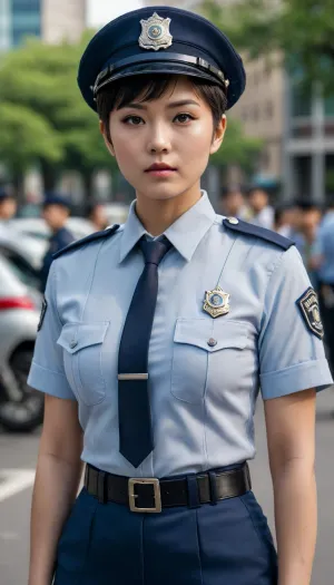 girl, policeman, asian, pixie haircut, uniform, athletic body