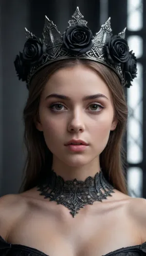 Hyper-realistic portrait of a young woman, (25–28), wearing a crown of large black roses. Her face is lifelike, delicate, and expressive, with a slight head tilt and natural pose under soft cool gothic lighting. From the neck and shoulders down, her body transitions into futuristic android plating of matte black metal, detailed with engraved lines, layered joints, and subtle mechanical patterns. The surface has faint highlights and reflections, adding depth and realism. The atmosphere is gothic yet futuristic, elegant and dramatic, with high contrast between human softness and mechanical hardness. Composition in portrait orientation, close-up, ultra-detailed