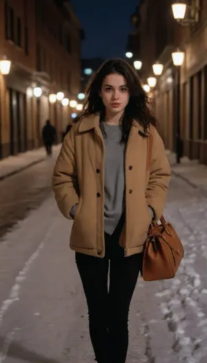girl 18 years old, Walking down the city street in winter, short, skinny, (long dark black wavy hair), small breasts, perky_breasts, ((winter clothes)), handbag on her shoulder, A lot of snow, 1990sanalogphoto, raw, light, leak, 90s, style, 80s, Analogic, photo, 1990s, <lora:1990sAnalogStyle:.8>, <lora:Retro_80s_90s:.8>