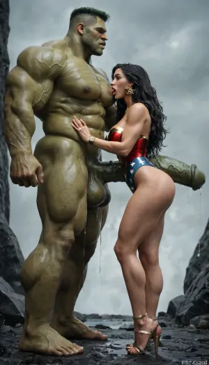 Wonder woman, giant massive equine cock, aerial ejaculation, dripping, alien attack war zone, licking sucking giant green Incredible Hulk cock, full body View