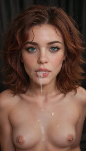 Dark background, Night, frizzy red hair, thick hair, piercings, nipple pierced, nose pierced in centre, septum piercing, blue septum ring, nose ring, blue nose ring, messy hair, hair mess, crazy hair, pierced nipples, puffy red hair, red hair, very dark room, athletic body, athletic, white, pale skin, light skin, freckles on face, more freckles, dark freckles, freckles on tits, freckles, Beautiful 18yo woman, small soft tits, soft tits, small perky tits, lots of cum, play of light and shadows, photorealistic, r3tro_cumshotz, on, cum facial, retro, cumshots, 1990sanalogphoto, raw, college, college slut, party, party slut, blowjob, flat tits, small tiny tits, lots of freckles, bukkake, cum, sucking, cock, <lora:r3tro_cumshotz  SDXL Lora:.6>, <lora:1990sAnalogStyle:2>, <lora:MS_Real_XL_Bukkake:2>, <lora:cockteaseLoRASDXL:.8>