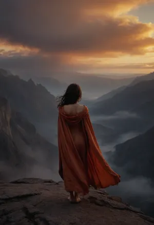 A 20-year-old woman stands at the edge of a vast, windswept chasm in a rugged mountain range at dawn, the sky painted with fire and ash. She wears only a tattered, flowing cloak that slips from her shoulders, revealing her naked frontal body, her pale skin glowing in the first light. Her long, dark hair whips in the rushing wind, her face turned toward the horizon—eyes closed, lips slightly parted, as if breathing in the raw power of the world. Below, fog fills the chasm, and distant peaks rise like broken teeth. The landscape is rugged, ancient, alive. A full-length shot from behind, captured in a hyperrealistic photographic style, with shallow depth of field, golden-orange light piercing the clouds—a moment of surrender, courage, or transformation. She's not just standing on the edge... she's ready to fly., flat, chested, <lora:flat_chested_v3.5:.8>