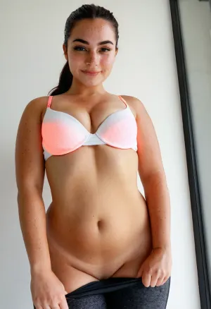 Average 32 year-old woman, dark brunette, medium straight hair, minimal or no makeup, visible blemishes and freckles, pursed lip smile, eyes creased from smiling, full figure, curvy build, (not athletic), realistic proportions, thick, curves wrapping around bikini, thick hips, natural skin texture, realistic imperfections, masturbation, very low angle, medium shot, subject above, full body in view, skinny, Saggy natural very small boobs, B-Cup, round ovular face, overweight face, very saggy breasts, creases in eyes, aging wrinkles, curvy body, small breasts, she is standing against a white wall, her black workout leggings are pulled down to her angles, white panties cover her pussy, she masturbates under her panties, her breasts covered by a sheer pink bra, candid vibe, tired “just woke up” look, pouty lips, dark eyebrows, pronounced dark eyelashes. Natural lighting in an average home bathroom, casual mirror selfie, neutral expression, ultra-HD portrait, hyper-realistic skin details, (pores, acne, freckles), . Dim, unflattering or “boring” lighting for an authentic snapshot feel., Freckles, Natural, skin, look, at, my, prompts, flat, chested, <lora:Cosine_freck:.7>, <lora:flat_chested_v3.5:.3>, <lora:clothed_small:.9>