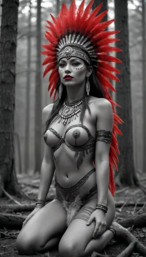 A grayscale forest clearing with a towering tribal totem. A sexy Native woman kneels before it, her body in shades of grey. The only vivid color is the glowing red feathers in her hair and the red paint on her lips. Dramatic, spiritual, cinematic.