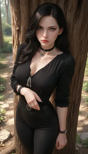 masterpiece, best quality, high resolution, hires, score_9, score_8_up, score_7_up, score_6_up, (Yennefer:1.4), incase, style, ratatatat74, solo, view from above, close up, black clothes, large breasts, wide hips, thick thighs, black pants, standing, looking at viewer, serious expression, serious, leaning against tree, fonding breasts, day, detailed, forest, <lora:287175_training_data:1.5>, <lora:ratatatat74-000050:1.3>