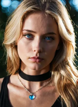 A woman with long blonde hair and striking blue eyes, adorned with a choker necklace featuring a heart pendant, wears a black tank top with a transparent chest panel. Her expression is one of contemplation, with a slight hint of sadness. The background is dark with a subtle bokeh effect, emphasizing the subject in the foreground. Soft, warm light from the upper left corner casts gentle shadows on her face, creating an intimate atmosphere. The scene is framed with a slight film grain, giving it a nostalgic, cinematic quality.