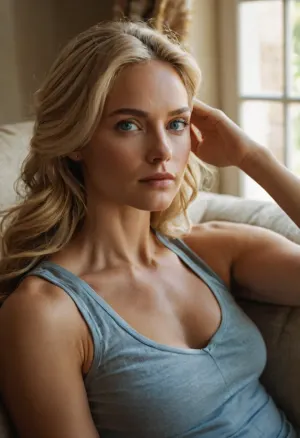 A woman with light-blue eyes and long, tousled blonde hair lies on a couch, facing the viewer, in a well-decorated living room with warm midday natural light pouring in through a large window behind her, casting a soft glow on her skin, a gray tank top with a plunging neckline clinging to her curves, her full lips slightly parted, her hand resting on her head, elbow bent, as she gazes directly at the viewer with a relaxed, introspective expression, the scene shot in a cinematic style, intimate lighting, with a shallow depth of field, a slight film grain, and a muted color palette with a warm beige tone, evoking a sense of comfort and serenity.