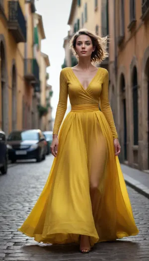 signora con gonna gialla larga sollevata dal vento