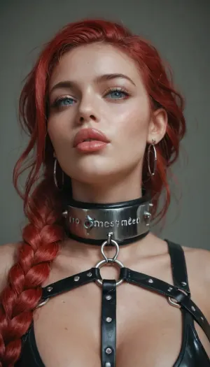 German woman, solo, a very very very long thick braid, red hair, full lips, thick lips, huge chest circumference, black leather harness, iron collar, medium close-up