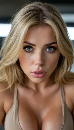 ziprealism, (statuesque, extreme low angle, looming pose, linear perspective), (fitness model, intense eye contact:1.4), (f/2.8, shallow depth of field, layered composition:1.6), (soft bokeh:.4), (ash-blonde hair, thick voluminous hair, long flowing hair, bangs haircut:1.4), (catchlights, limbal rings, large expressive eyes), (strong jawline, angular features), igbaddie, <lora:igbaddie-XL:.8>, <lora:style_lora_realis:.4>