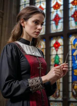 Photorealism, super detailed image, quality 8K, (Spanish Gothic cathedral, a woman master makes stained glass holding tools, using the traditions of the Spanish Gothic style), figure in semiprofile, natural light.
