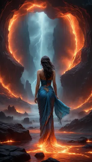 (Noah Bradley style), (epic long-shot fantasy landscape), (cinematic, moody, dreamy, emotional), A vast lava forest at night, glowing with fire-scorched trees, burning embers, and cascading lava waterfalls from a towering volcanic mountain. The entire background is a dramatic inferno of molten rivers, jagged obsidian cliffs, and fiery skies filled with drifting ash and glowing ember-fireflies.

At the center, far away, (a graceful Indian woman), (back view only), (completely facing away from the viewer), (face not visible), wearing a, (glowing blue traditional Indian saree), with an, (extraordinarily long flowing saree drape whipped by violent winds), . Her dark hair streams in the fiery storm, glowing faintly in the raking light., (Volumetric lighting), (chiaroscuro), (dramatic silhouette), (highlighted lava background), (fantasy wallpaper), (otherworldly, emotional), <lora:HELL_SDXL-000014:.8>, <lora:Noah Bradley Style:.8>